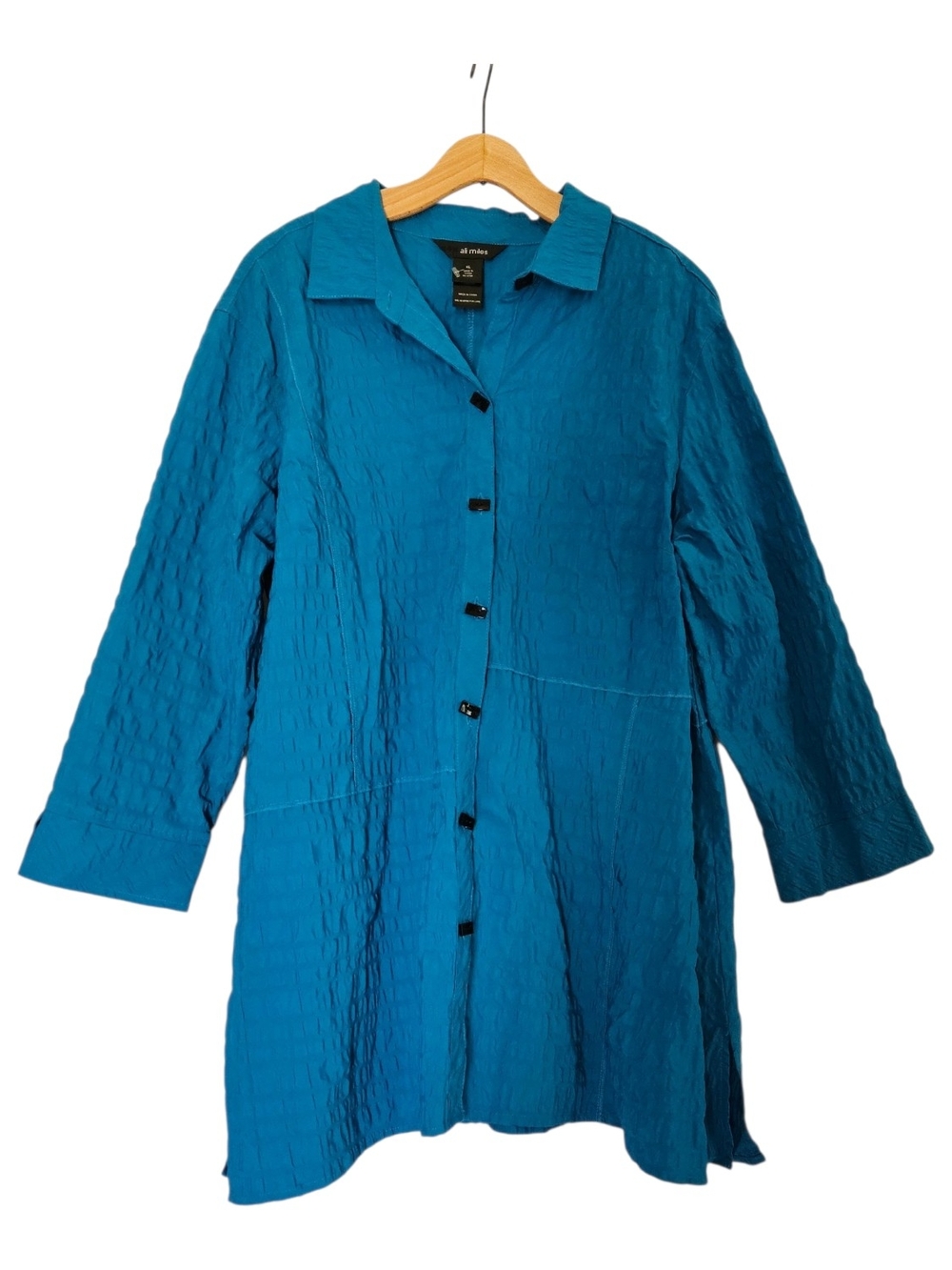 ali miles Button Down Tunic Womens XL Teal Artsy Lagenlook 3/4 Sleeve Buttons